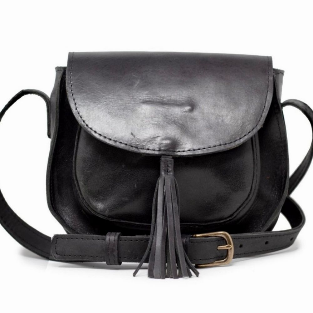 Able Maria Black Tassel Crossbody Handbag Flap Leather